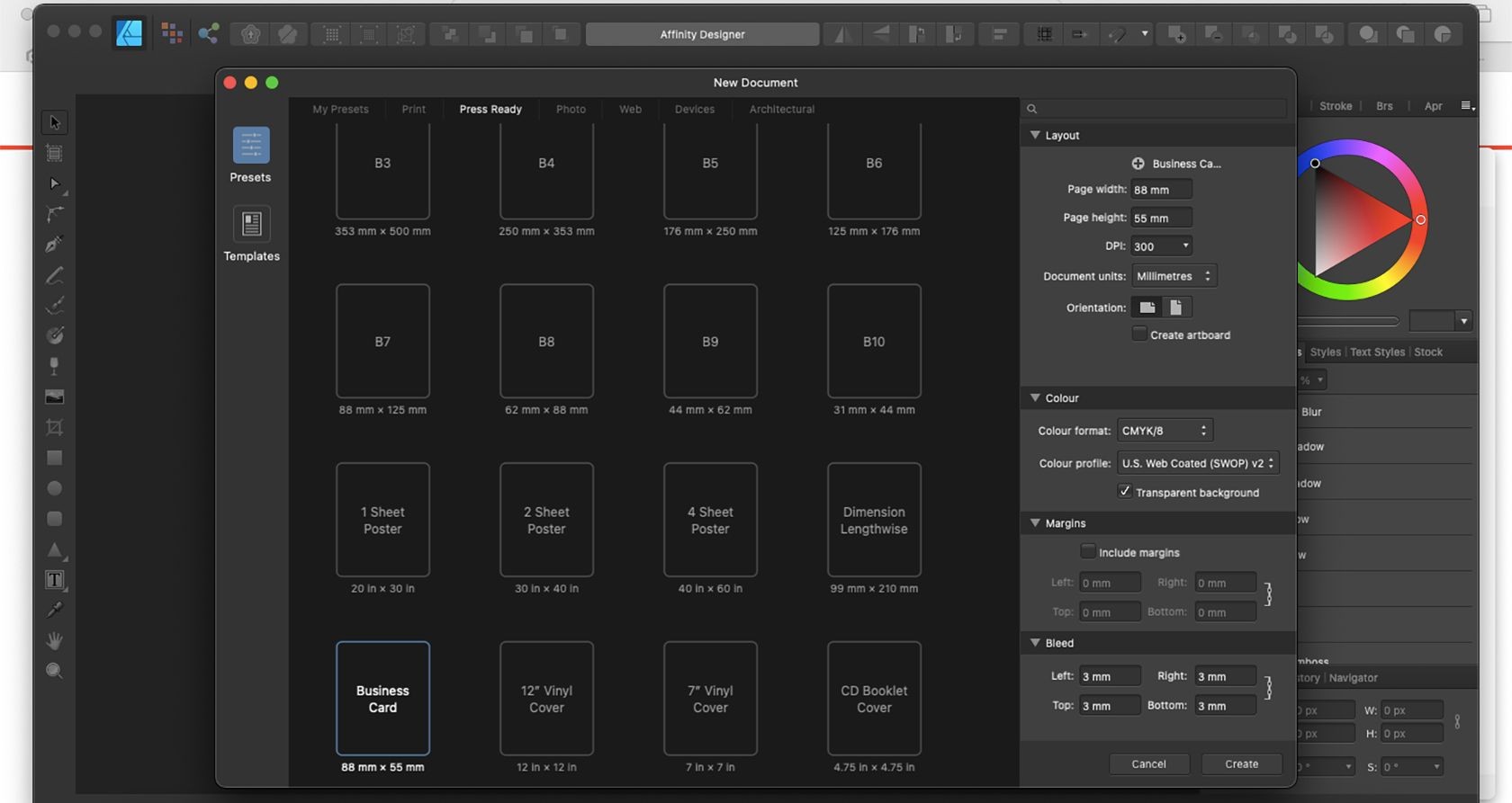 Menu tạo tài liệu mới trong Affinity Designer