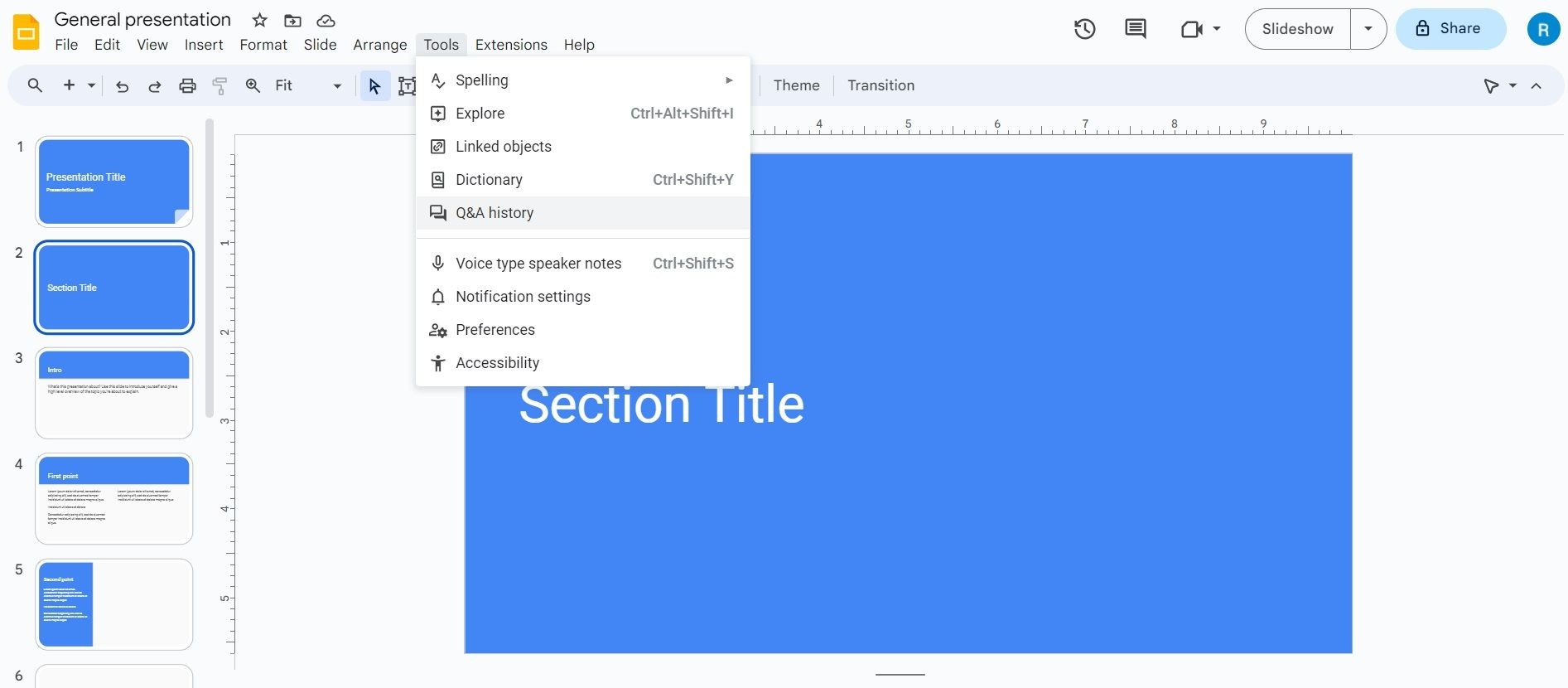 Menu thả xuống Q&amp;A history trong Google Slides