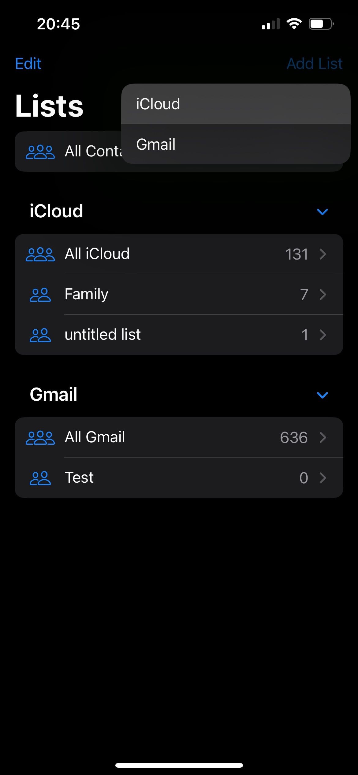 Menu Thêm Danh Sách với lựa chọn giữa Gmail và iCloud