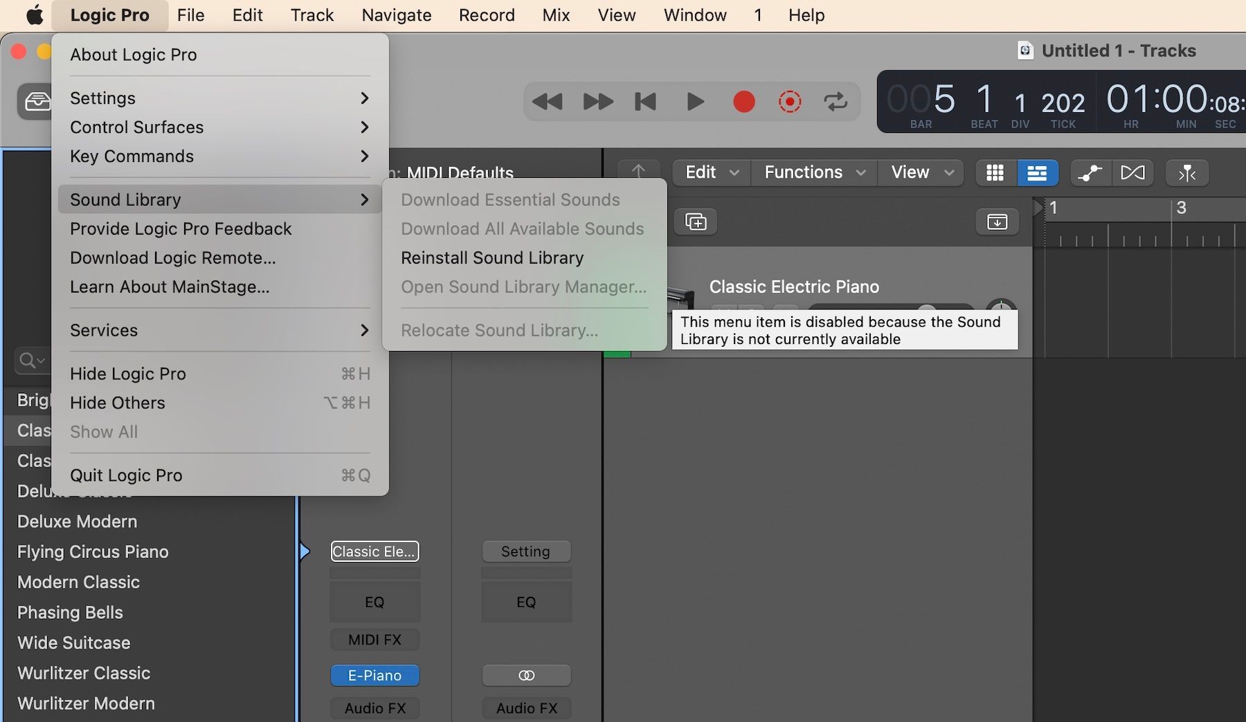 Menu thư viện âm thanh Logic Pro bị mờ