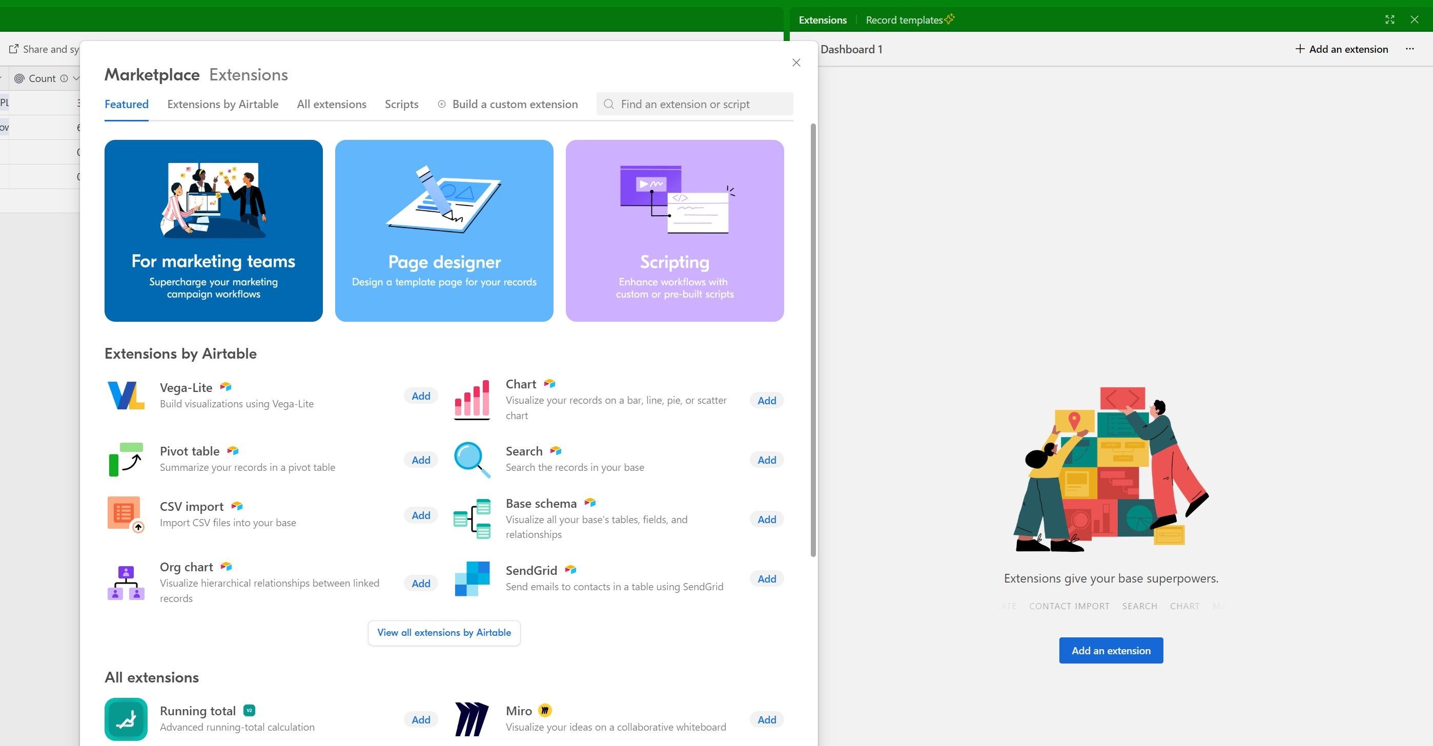 Menu tiện ích mở rộng trong Airtable