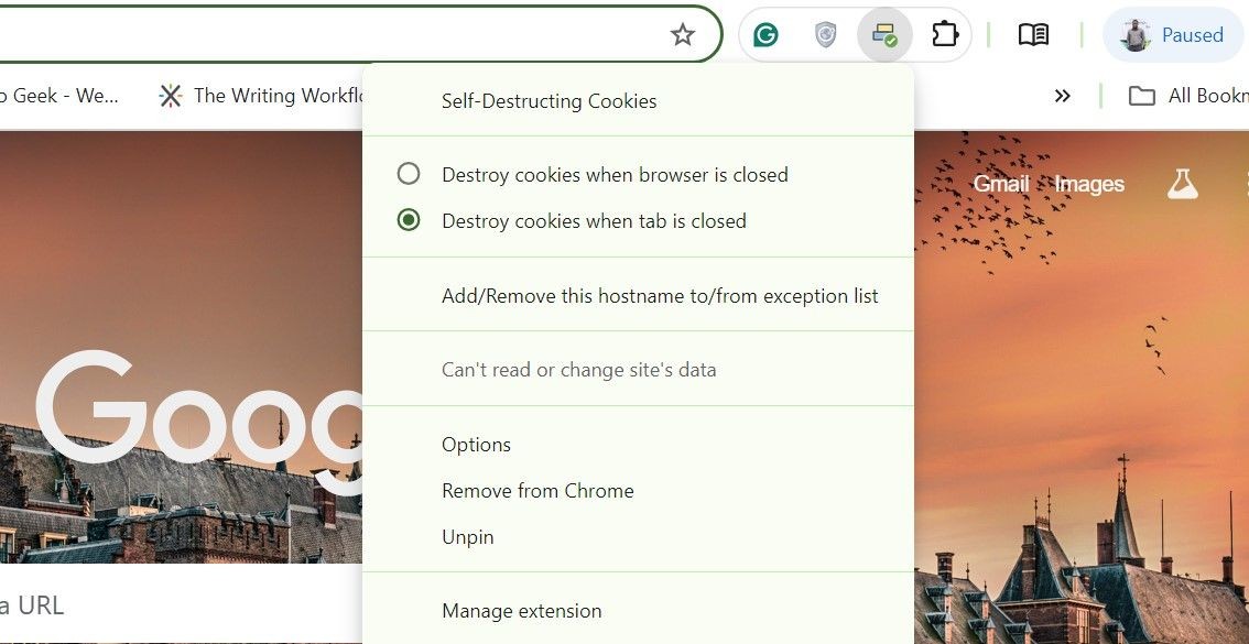 Menu tiện ích Self-Destructing Cookies