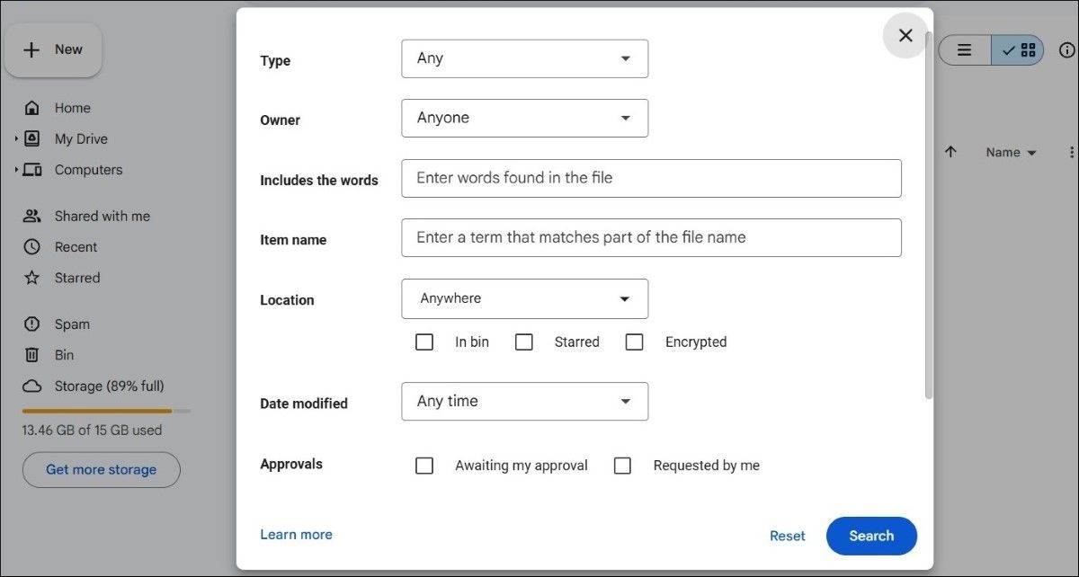 Menu tìm kiếm nâng cao của Google Drive