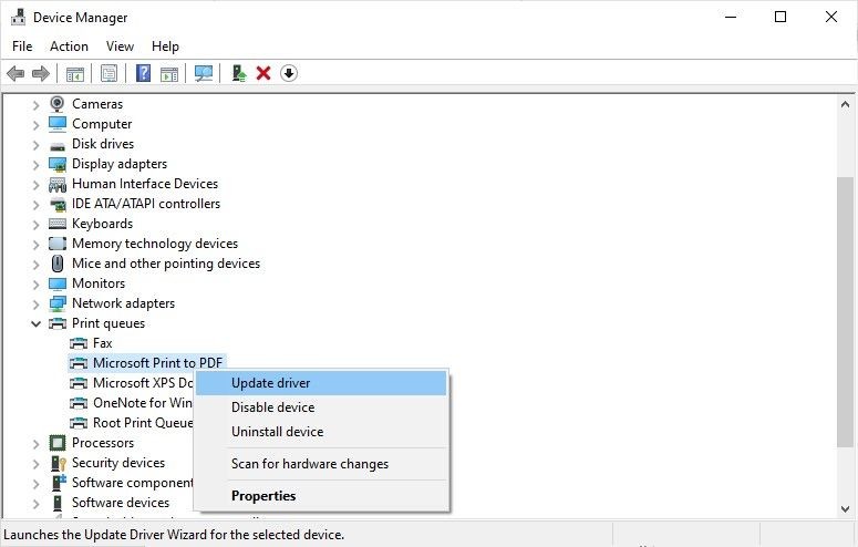 Menu tùy chọn trên Trình quản lý thiết bị của Windows
