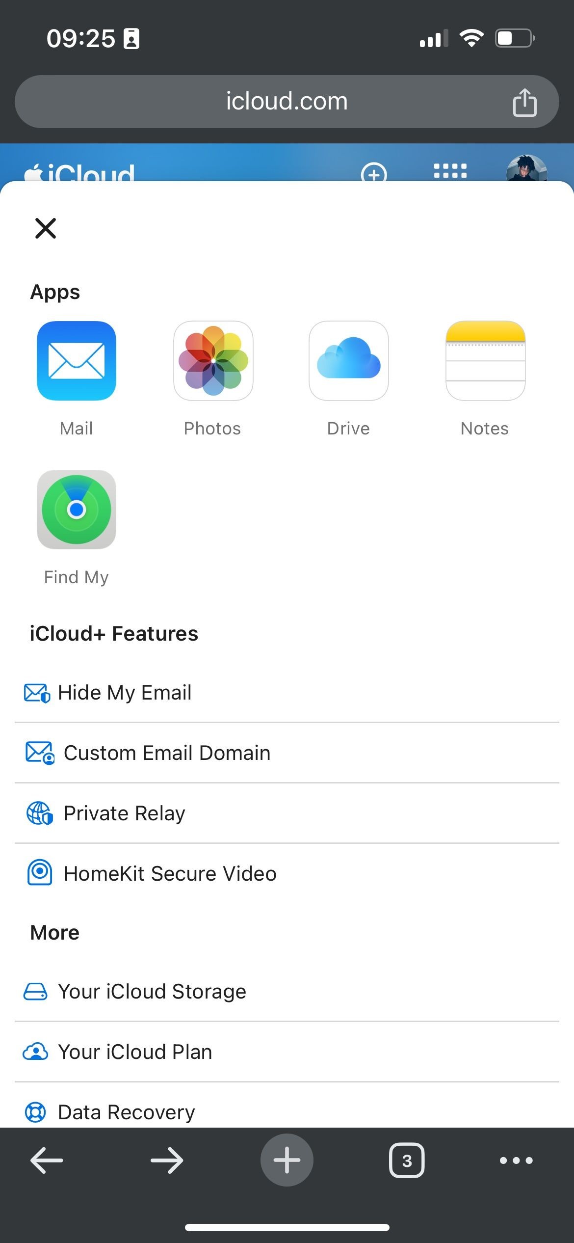 Menu ứng dụng trên trang web iCloud