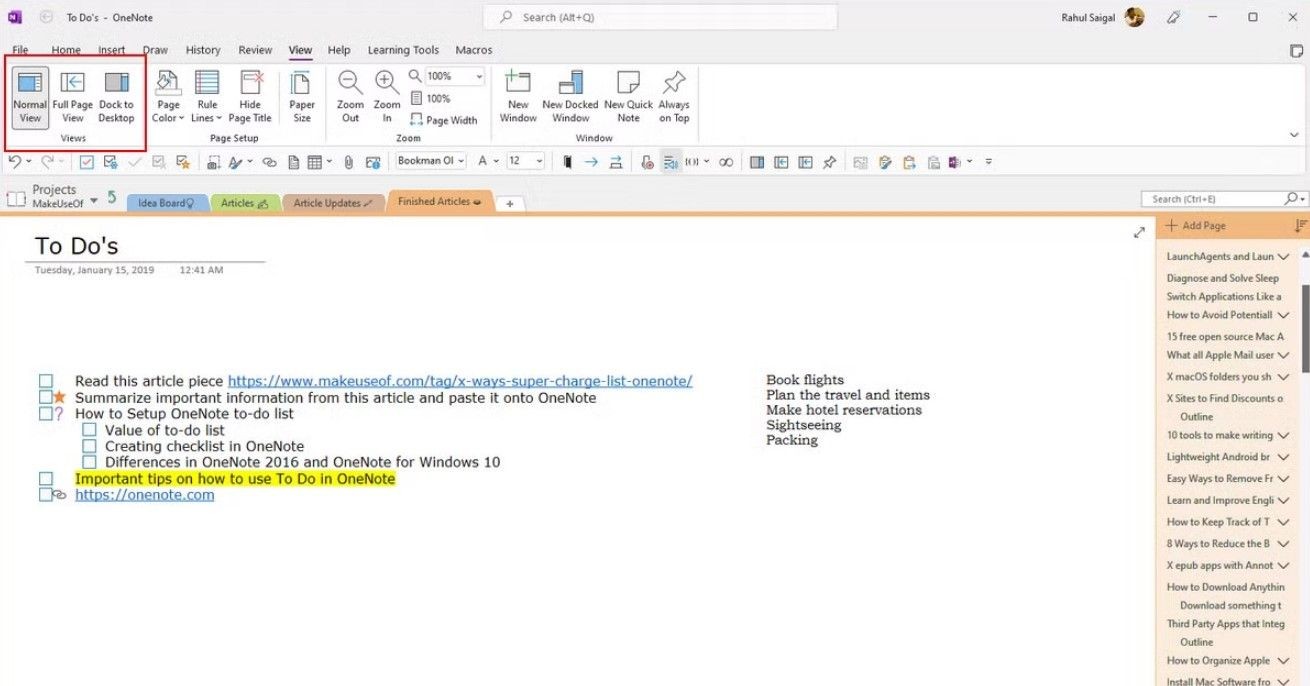 Menu View của Microsoft OneNote