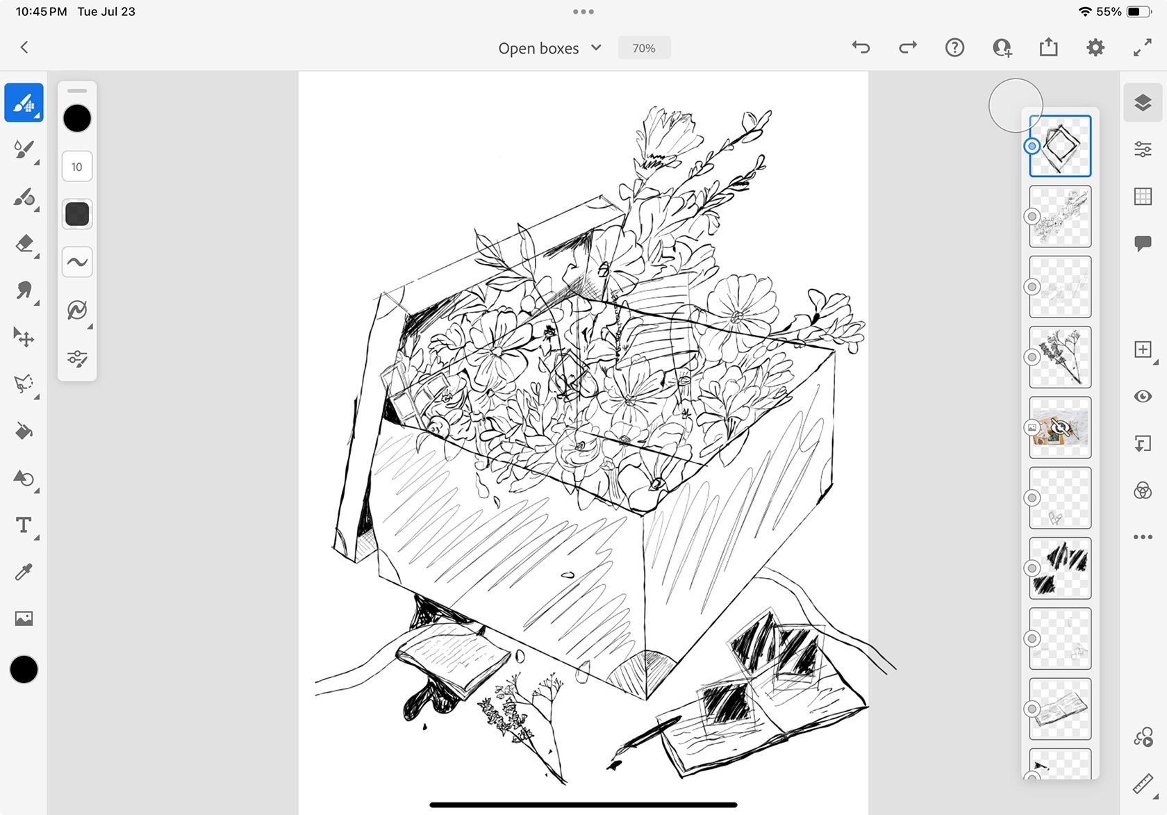 Minh họa hộp hoa trên Adobe Fresco với iPad