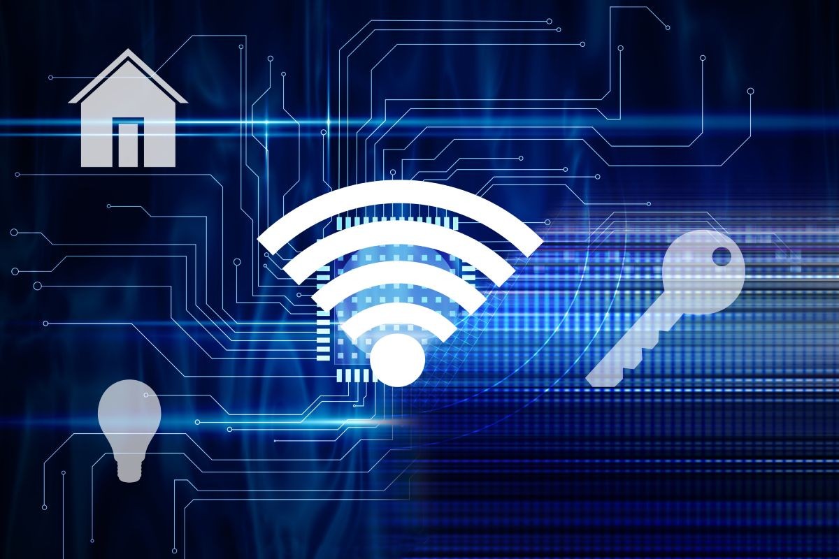 Minh họa màu xanh của bo mạch in với các biểu tượng khóa Wi-Fi, bóng đèn, nhà