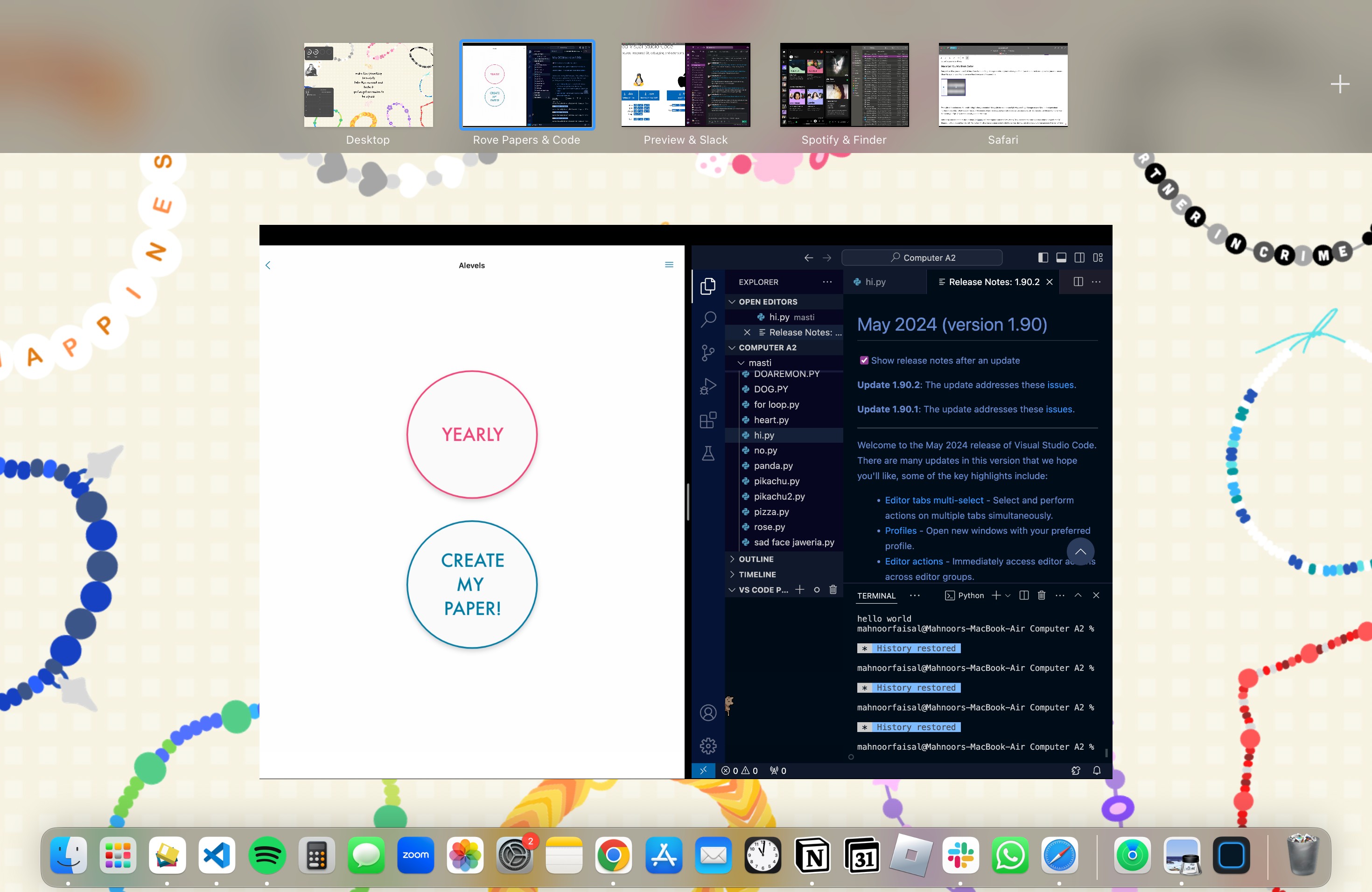 Mission Control hiển thị các màn hình Split View và cửa sổ đang mở