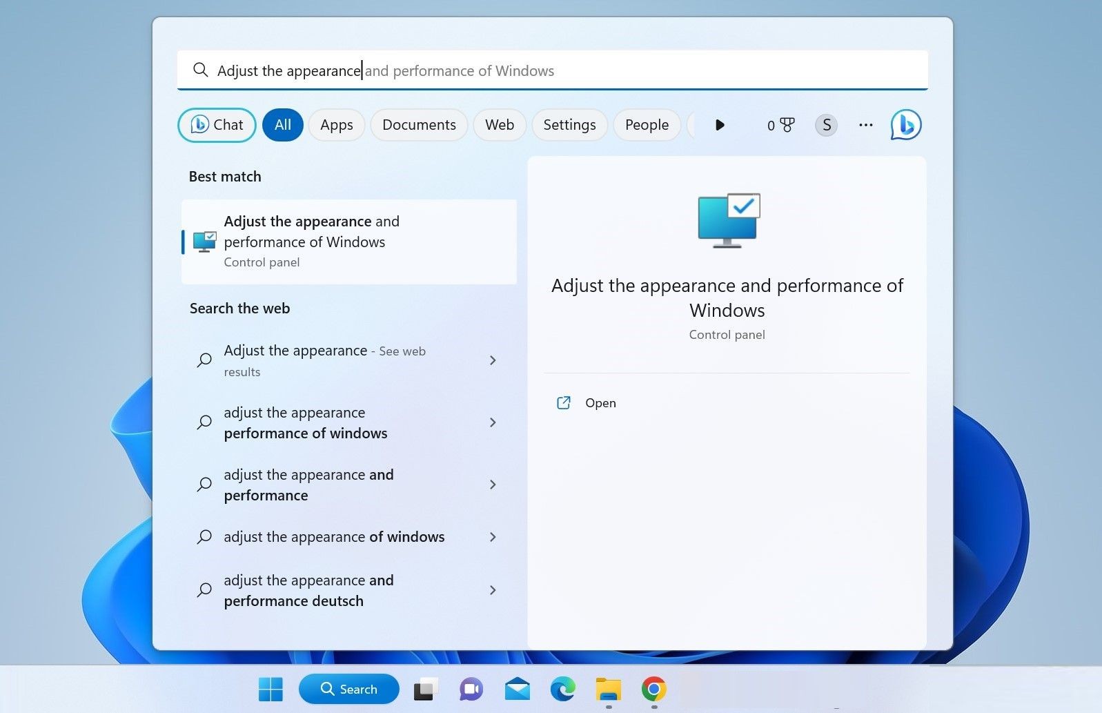 Mở cài đặt Hiệu Ứng Trực Quan từ Windows Search