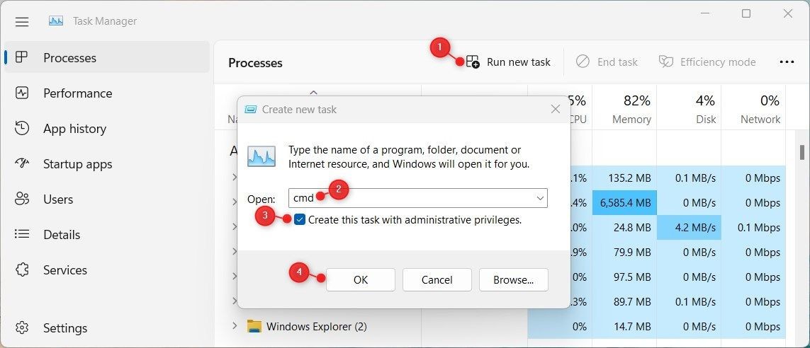 Mở Command Prompt Qua Task Manager