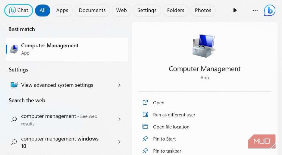 Mở Computer Management từ Windows Search