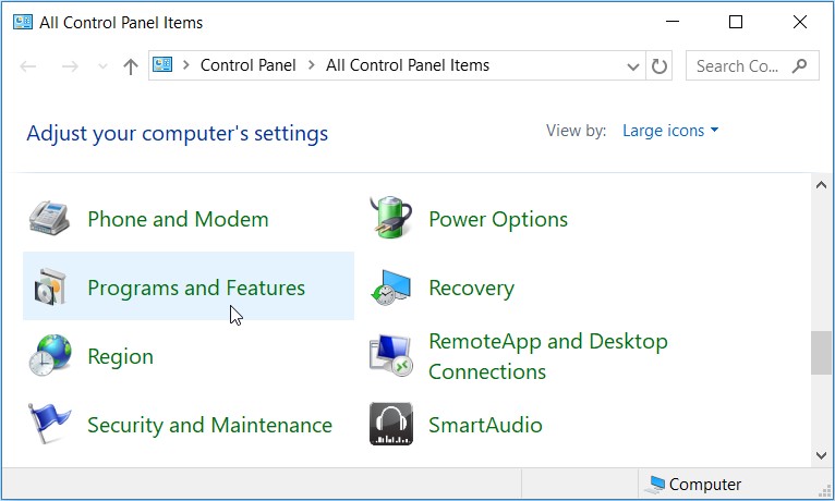 Mở công cụ Chương Trình và Tính Năng trên Windows bằng Bảng Điều Khiển