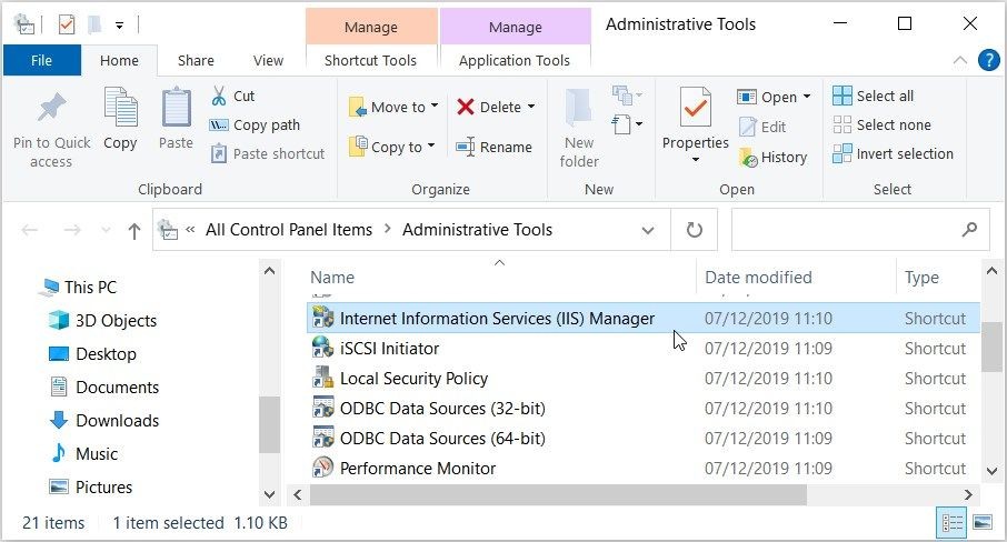 Mở IIS Manager từ Control Panel