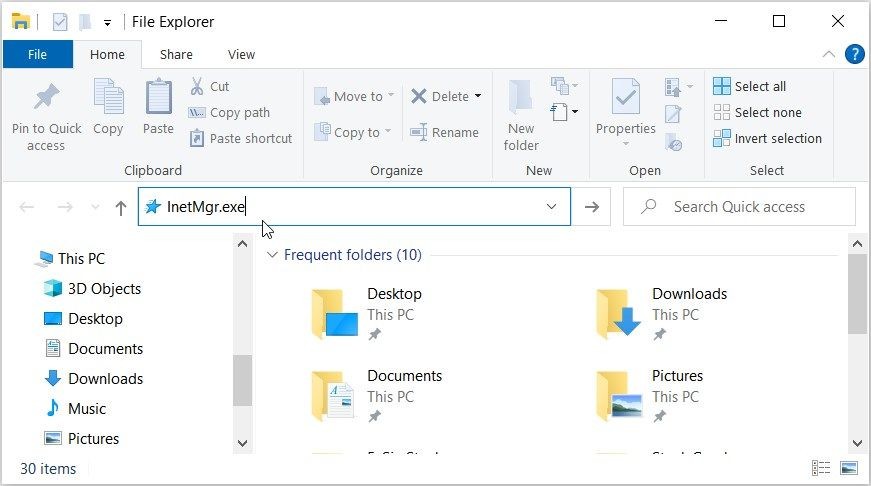 Mở IIS Manager từ thanh địa chỉ File Explorer