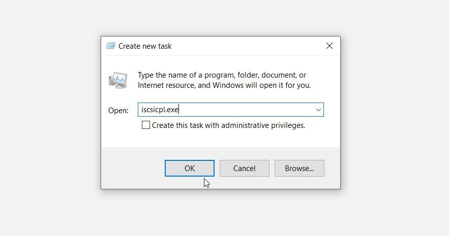 Mở iSCSI Initiator bằng Task Manager