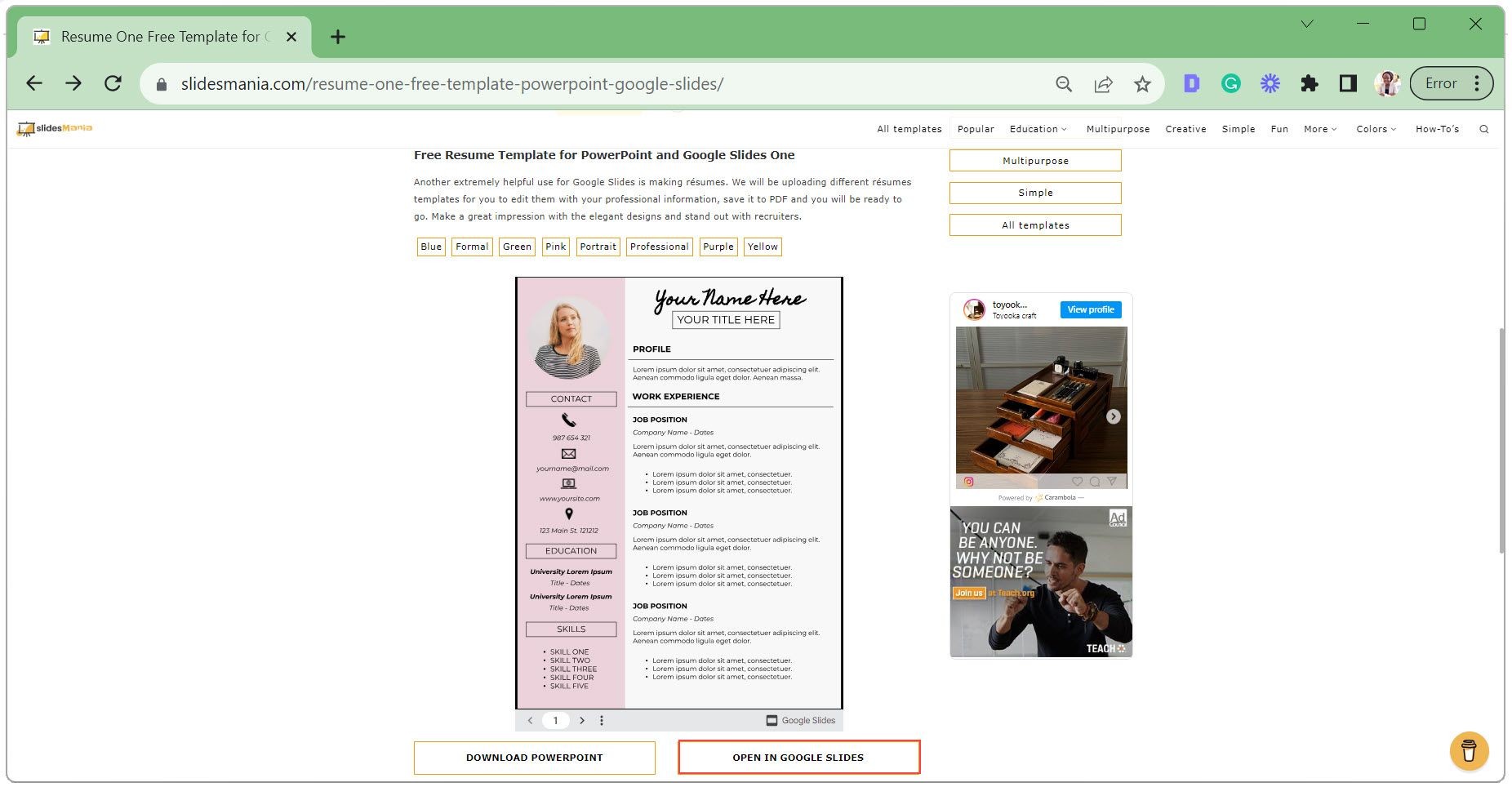 Mở mẫu CV trong Google Slides
