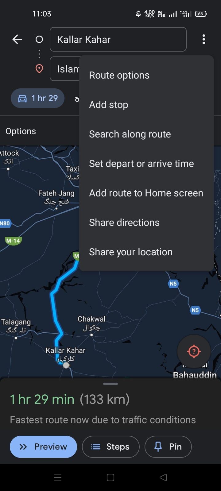 Mở menu để thay đổi tùy chọn tuyến đường trong ứng dụng Google Maps trên Android