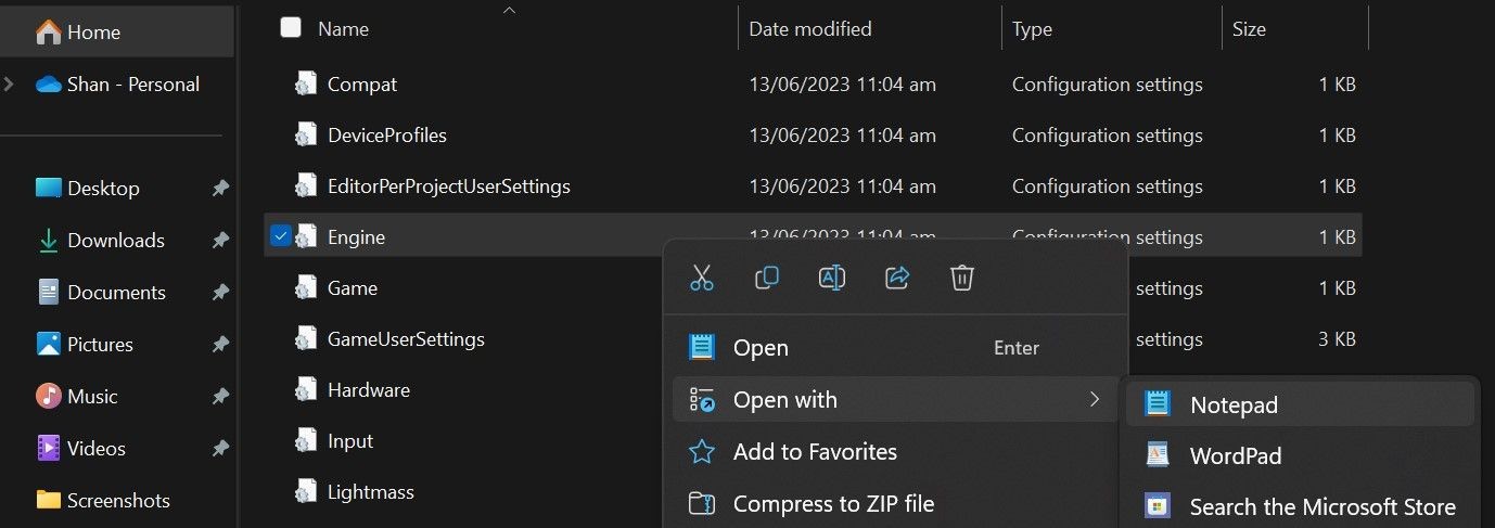 Mở Tệp Engine.ini Trong Notepad Từ Thư Mục Cài Đặt Epic Games