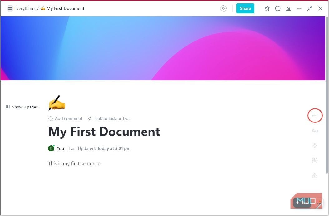 Mở thanh bên phải trong ClickUp Docs