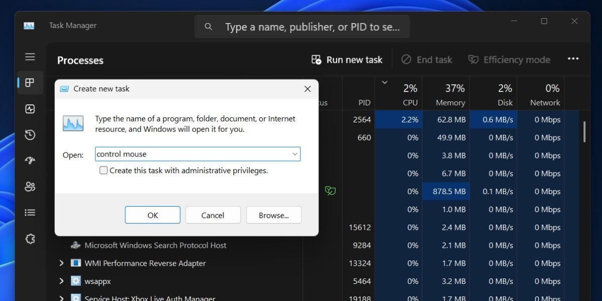 Mở Thuộc Tính Chuột Sử Dụng Task Manager
