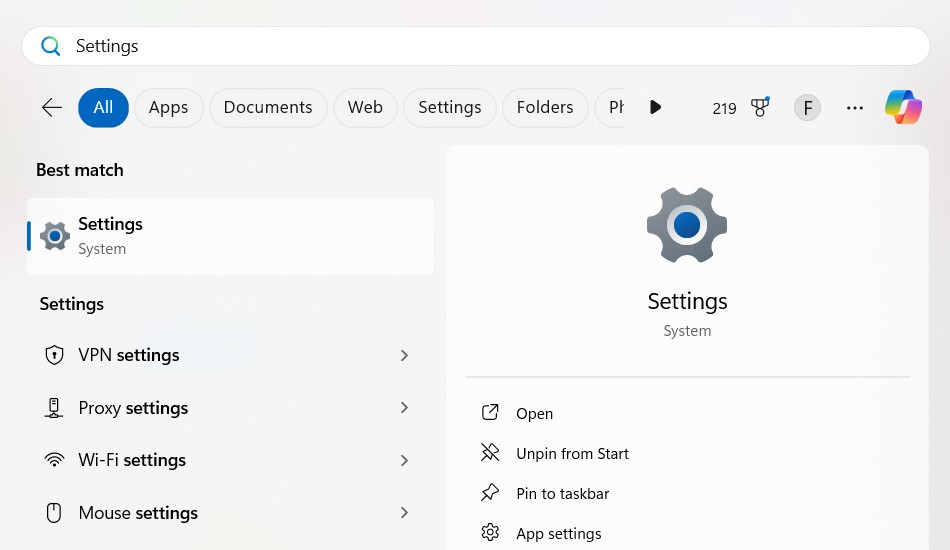 Mở ứng dụng Cài Đặt bằng Tìm Kiếm Windows