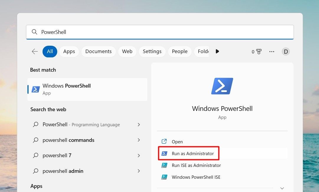 Mở Windows PowerShell qua Công Cụ Tìm Kiếm Windows