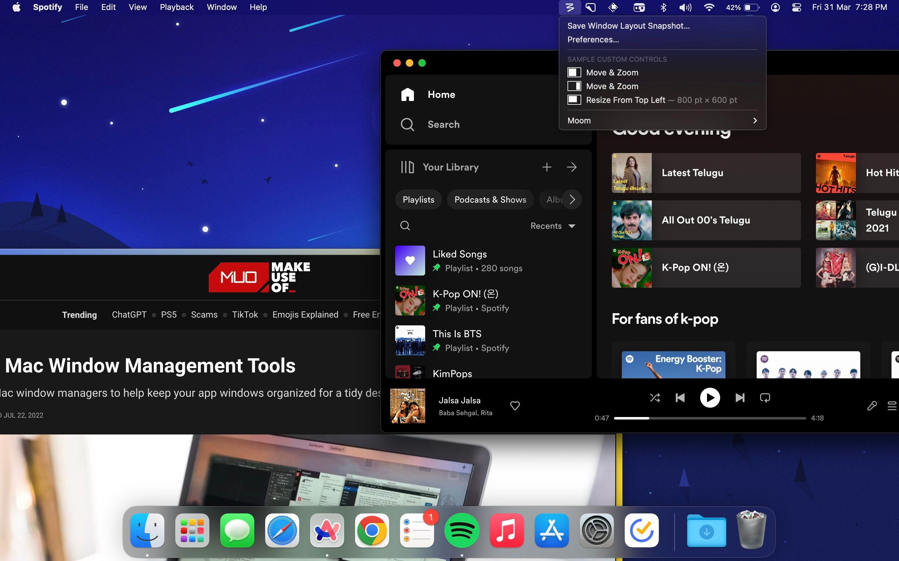 Moom tùy chọn thanh menu trên macOS