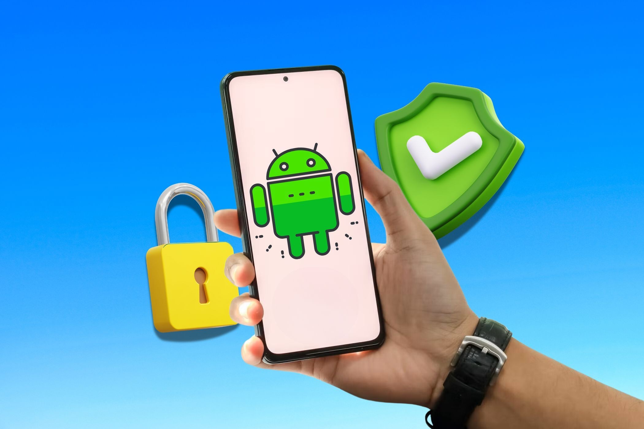 Một bàn tay cầm điện thoại Android với biểu tượng khóa và bảo mật ở phía sau
