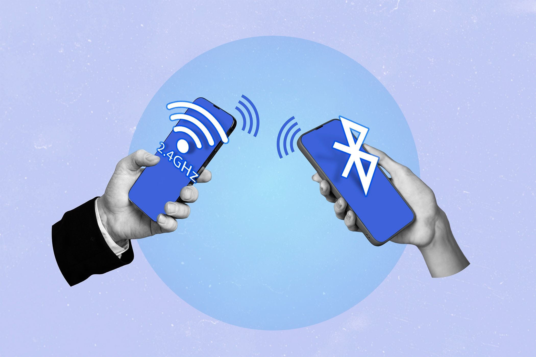 Một bàn tay cầm điện thoại với biểu tượng Wi-Fi 2.4GHz và một bàn tay khác cầm điện thoại với biểu tượng Bluetooth