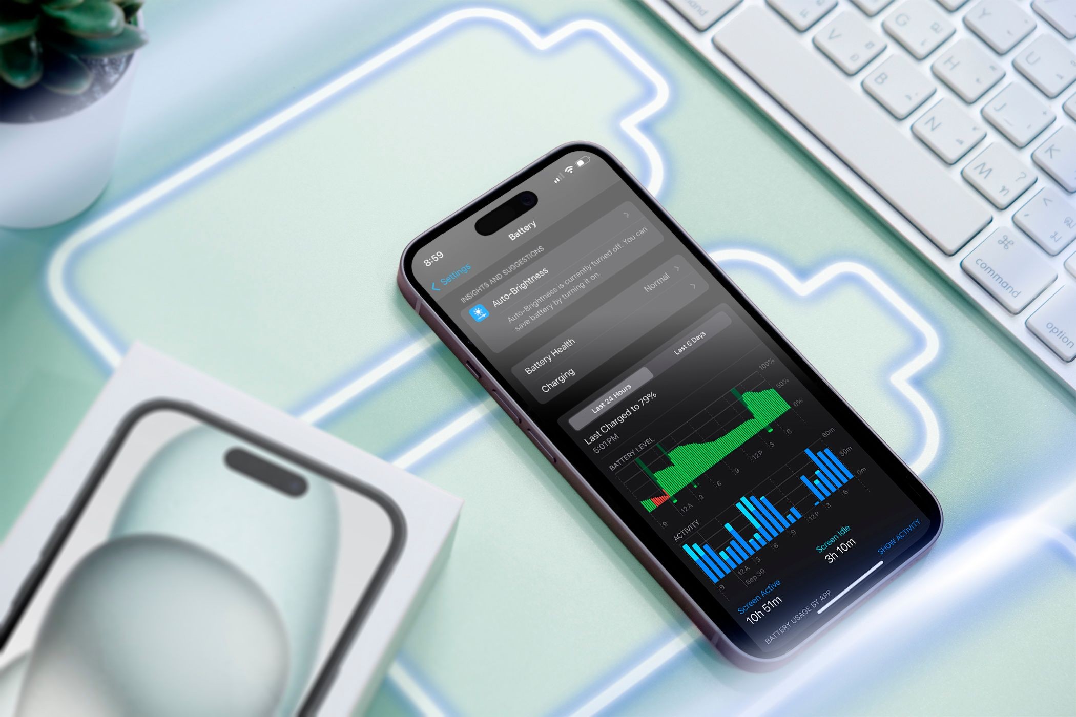 Một chiếc iPhone trên bề mặt với một số biểu tượng pin và màn hình hiển thị mức sử dụng pin