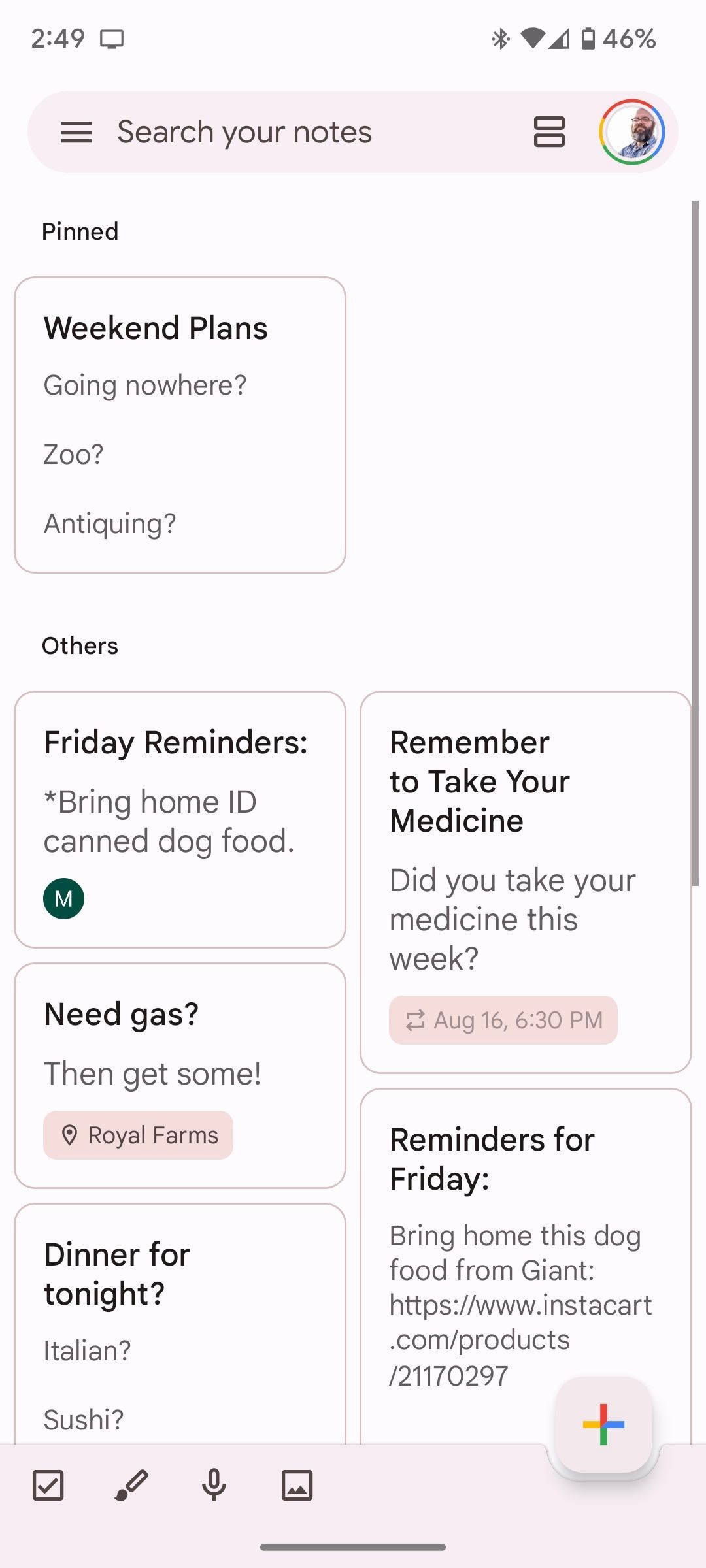 Một ghi chú được ghim trong Google Keep
