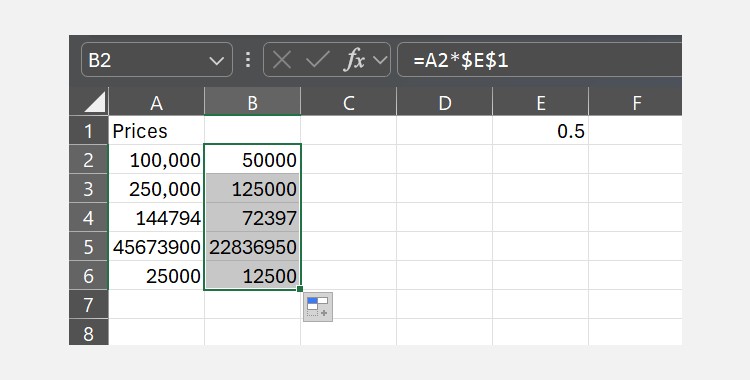 Một hình ảnh minh họa việc mở rộng công thức từ B2 đến B6 trong Excel