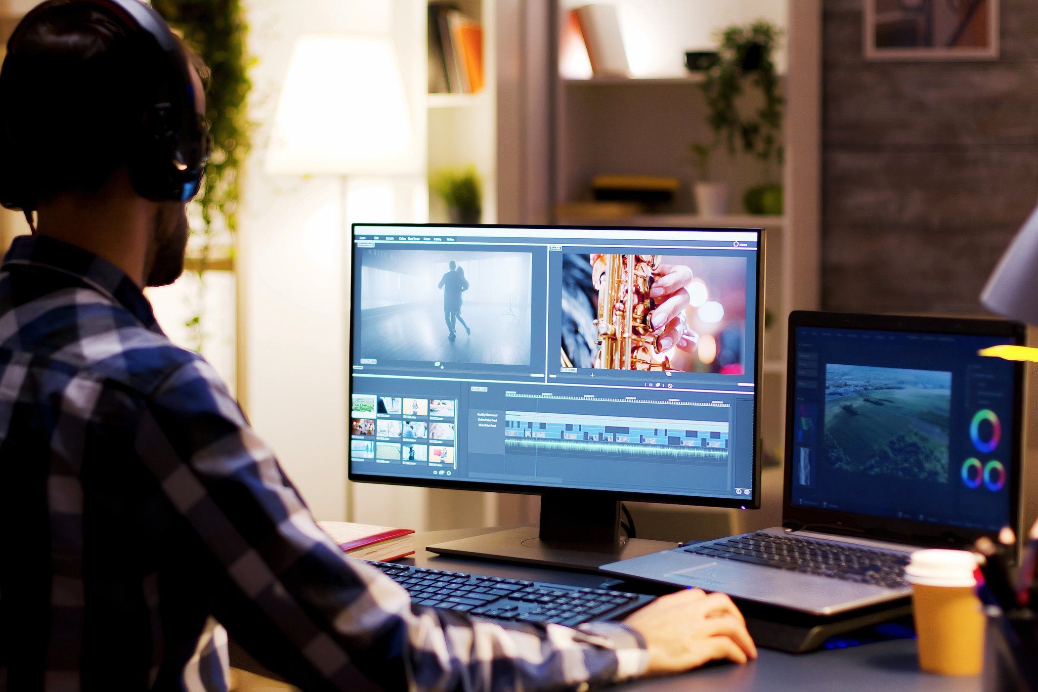 Một người đàn ông đang sử dụng máy tính với AI để chỉnh sửa video