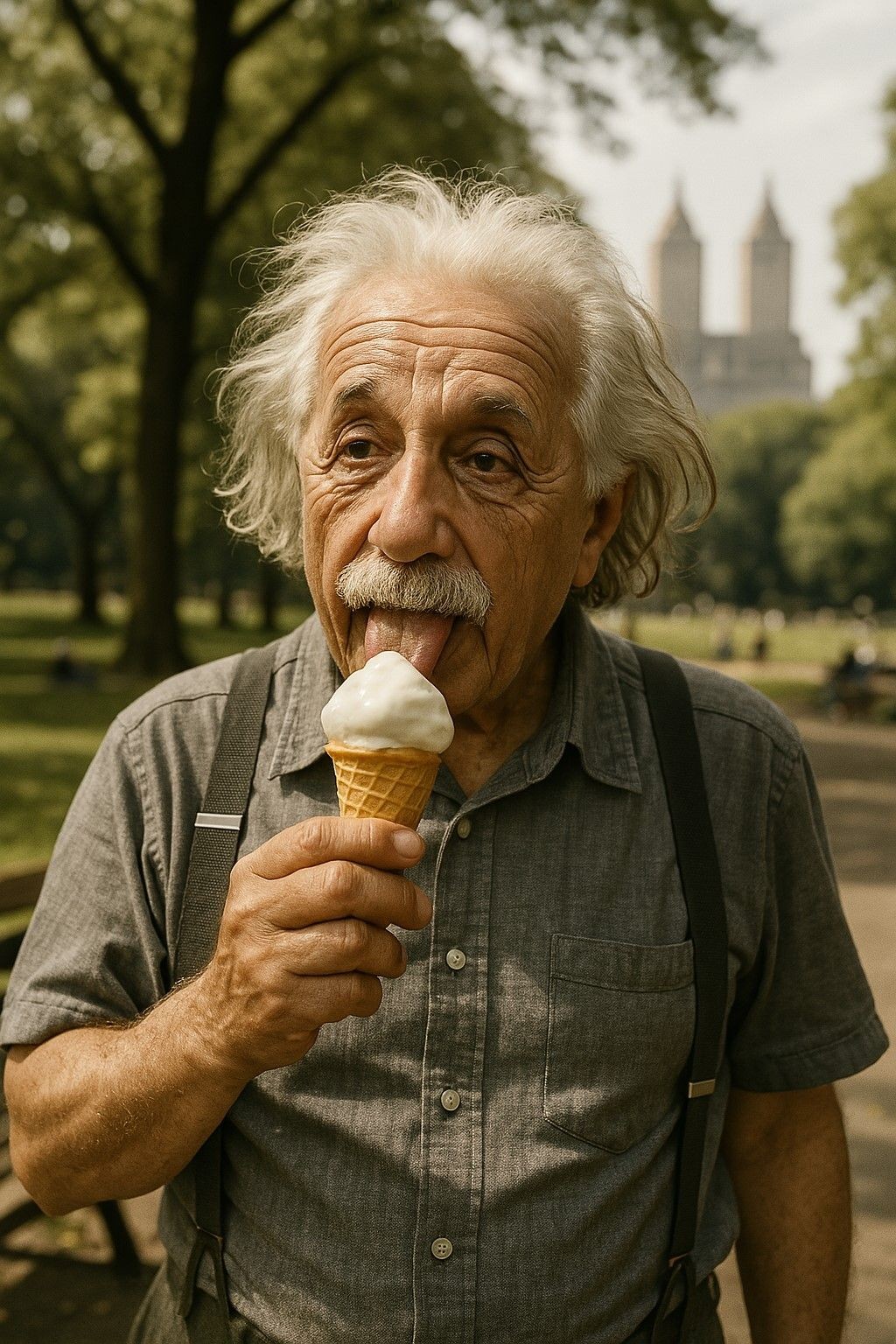 Một người đàn ông trông giống Einstein đang ăn kem ở Công viên Trung tâm