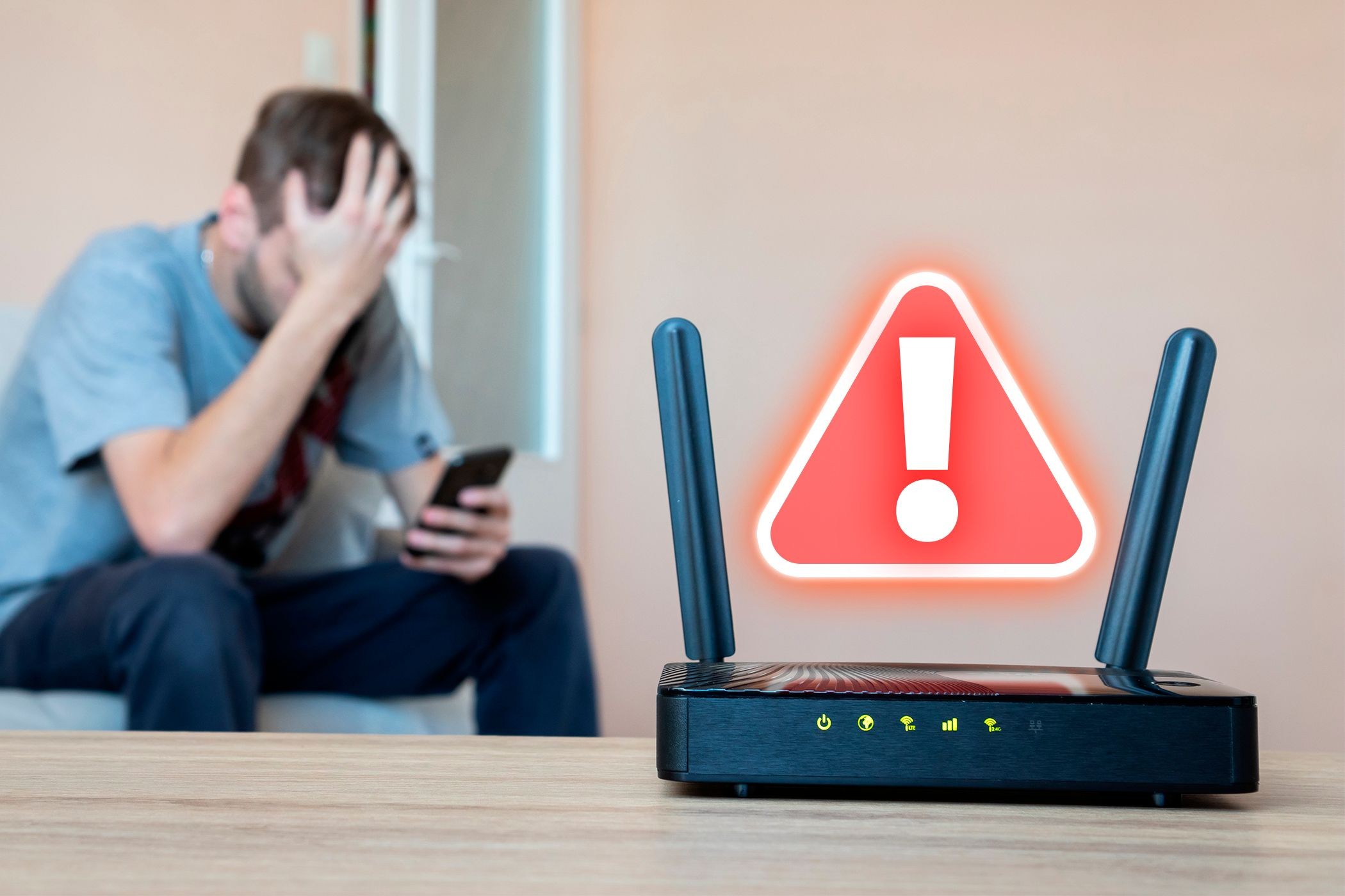 Một router với biểu tượng cảnh báo và một người bực bội ở phía sau