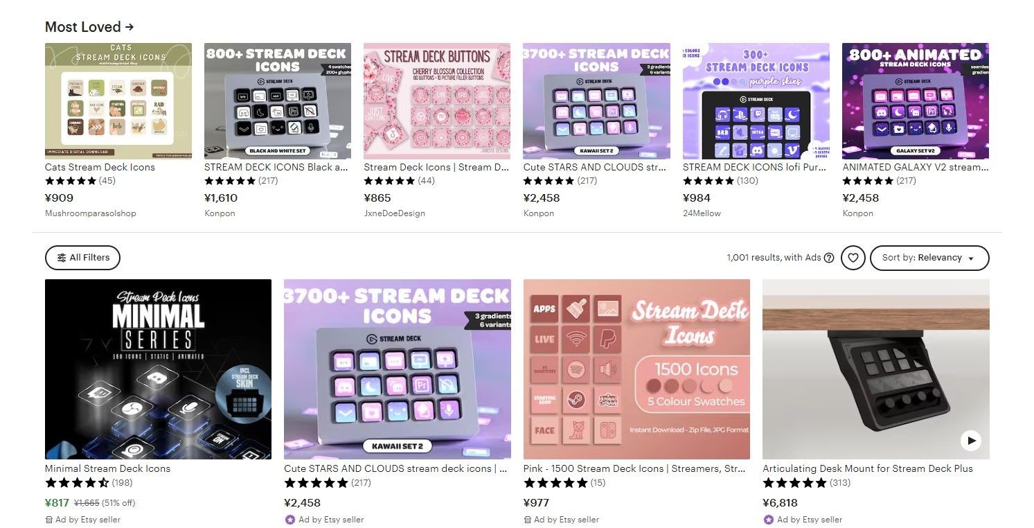 Một số gói biểu tượng Stream Deck đang bán trên Etsy