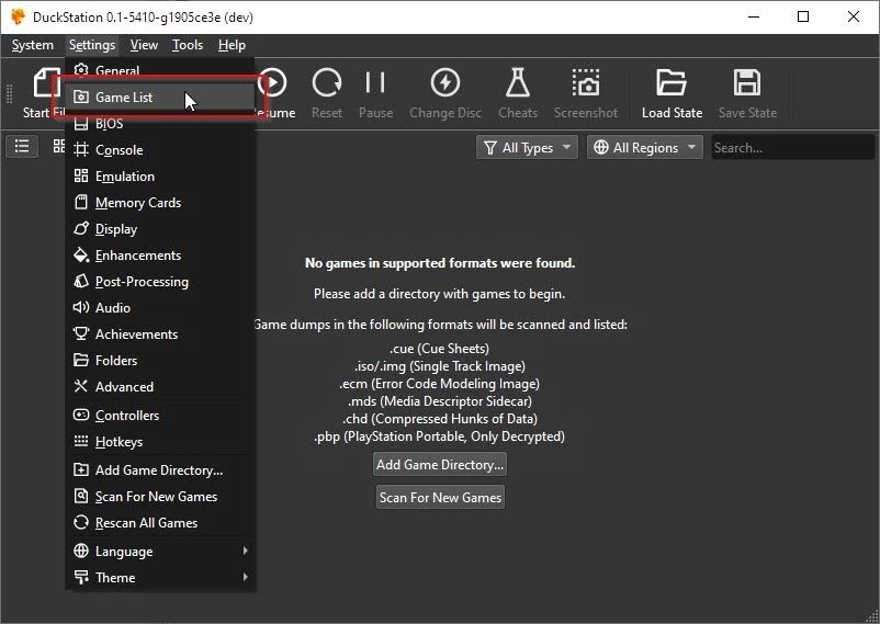 Mục Game List trong menu của Duckstation