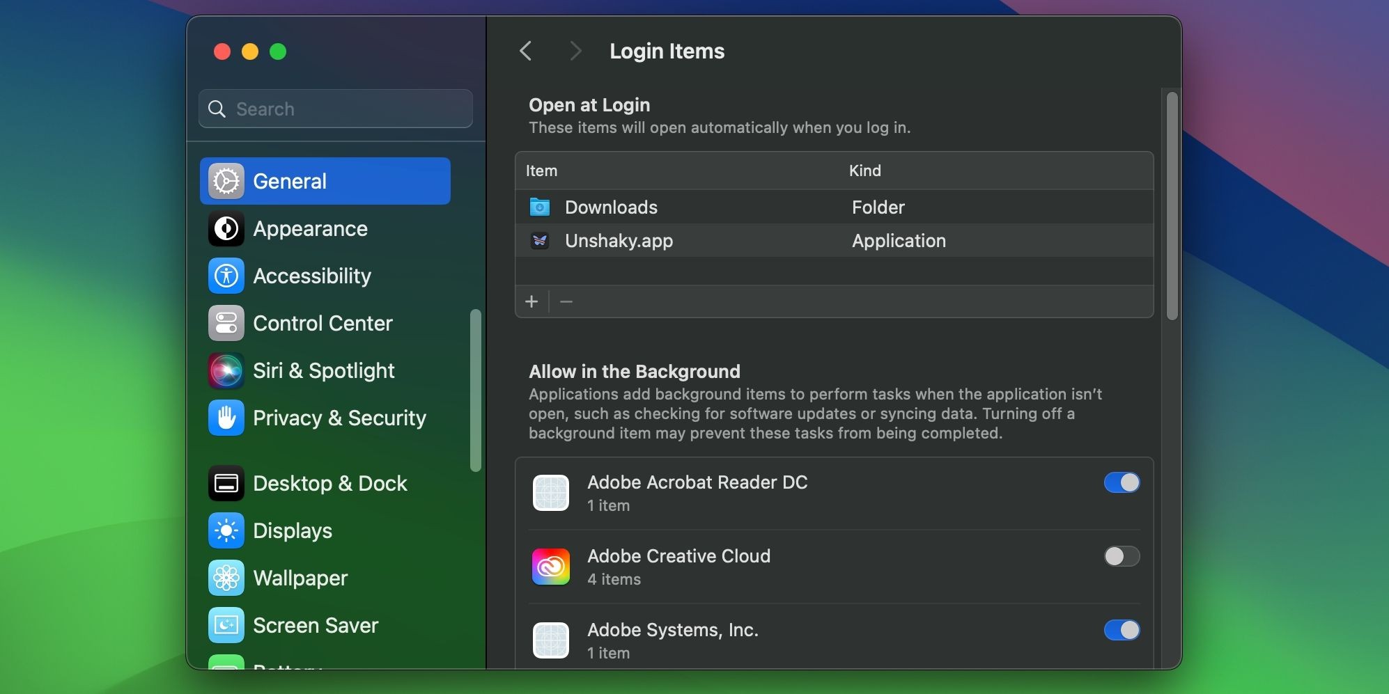 Mục khởi động Adobe CoreSync bị vô hiệu hóa trong cài đặt hệ thống macOS