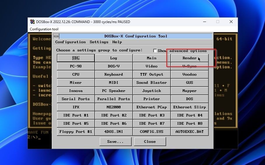 Mục nhập Render của Công cụ Cấu Hình DOSBox-X