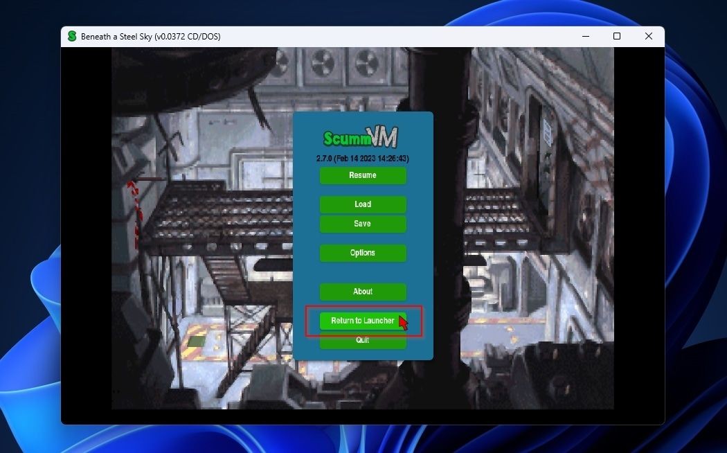 Mục Return to Launcher trong menu game của ScummVM