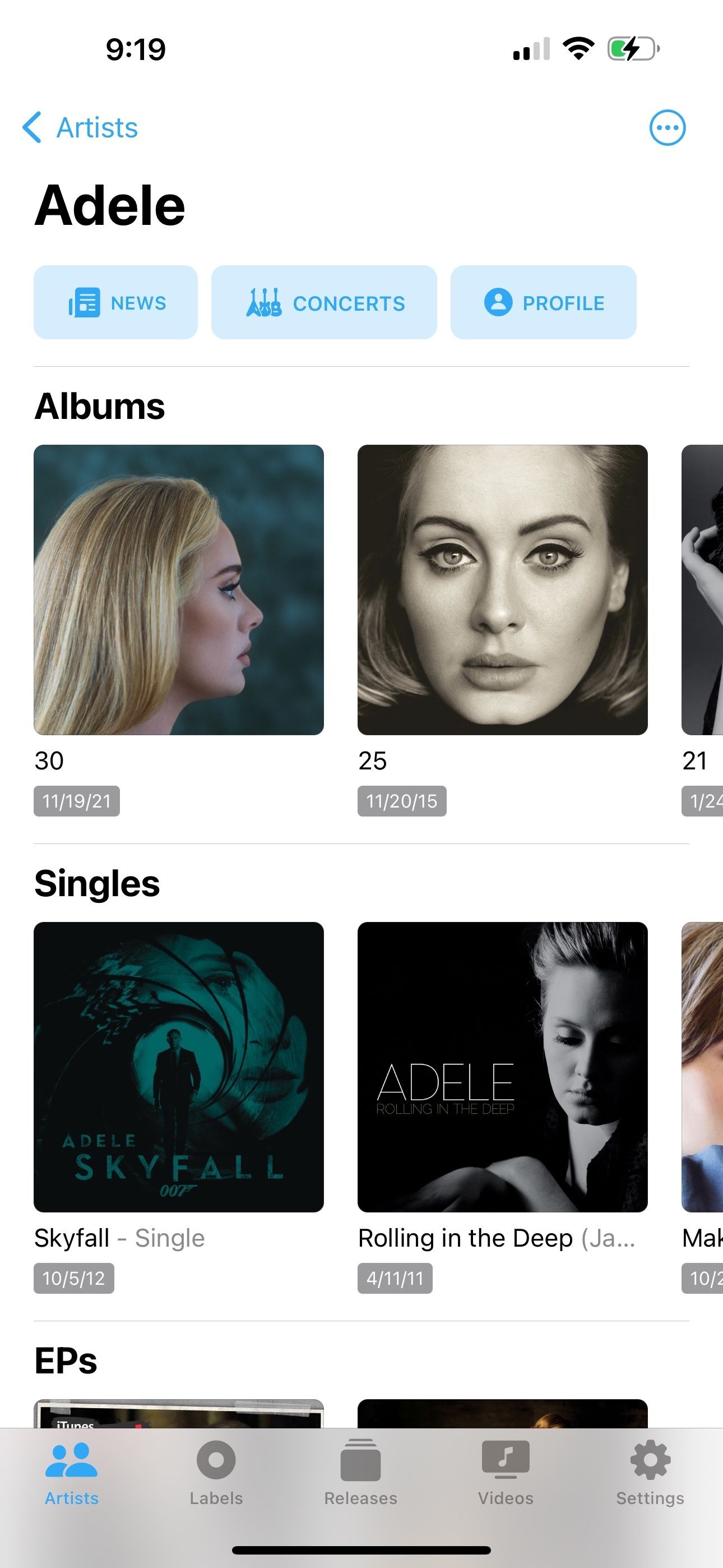 MusicHarbor iPhone app: Artist profile, Adele songs and albums