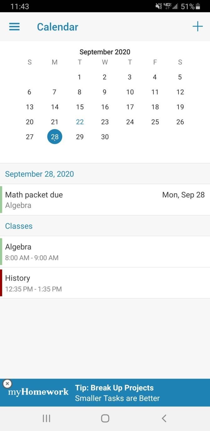 myHomework App Calendar
