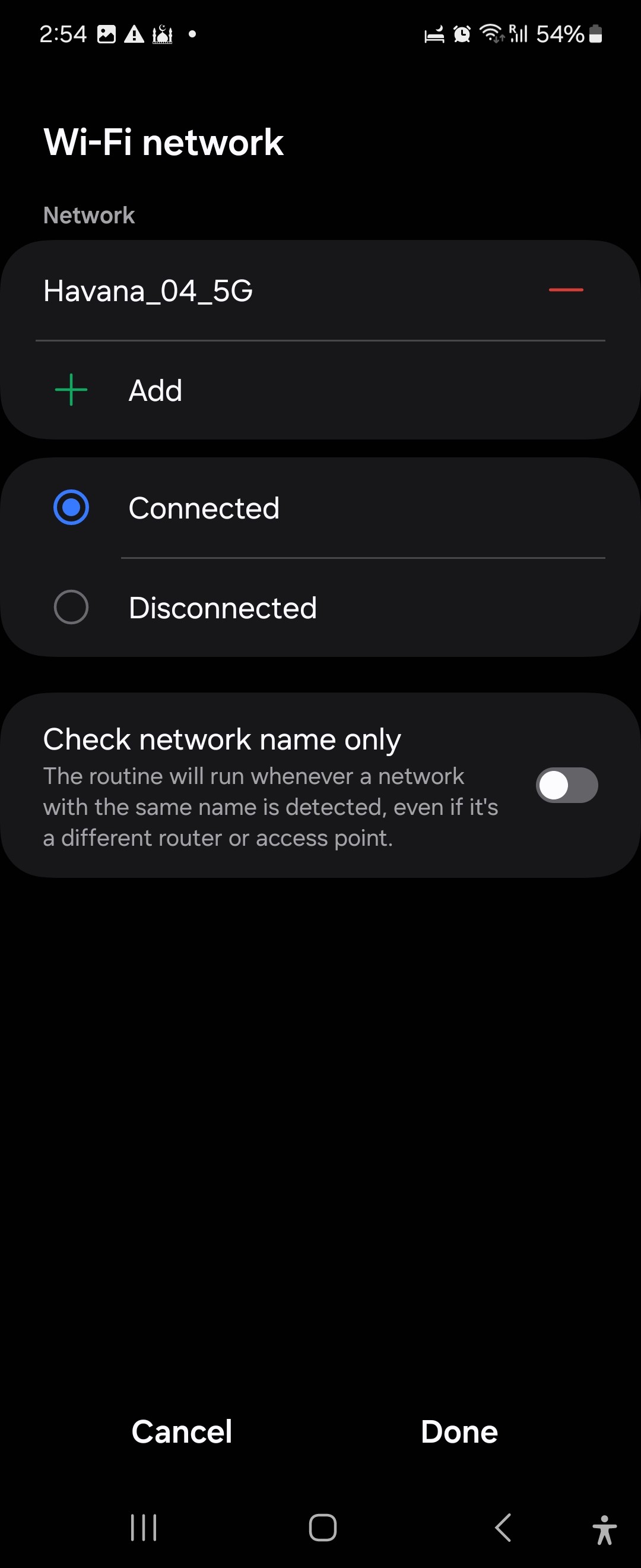 Network selection in the Samsung Modes and Routines app