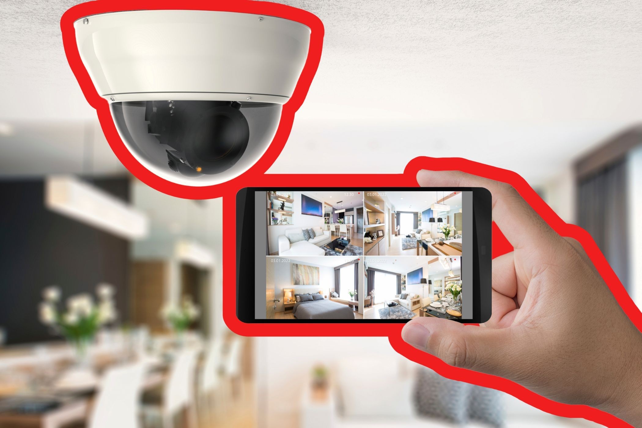 Người cầm smartphone với nguồn cấp dữ liệu video gần camera thông minh