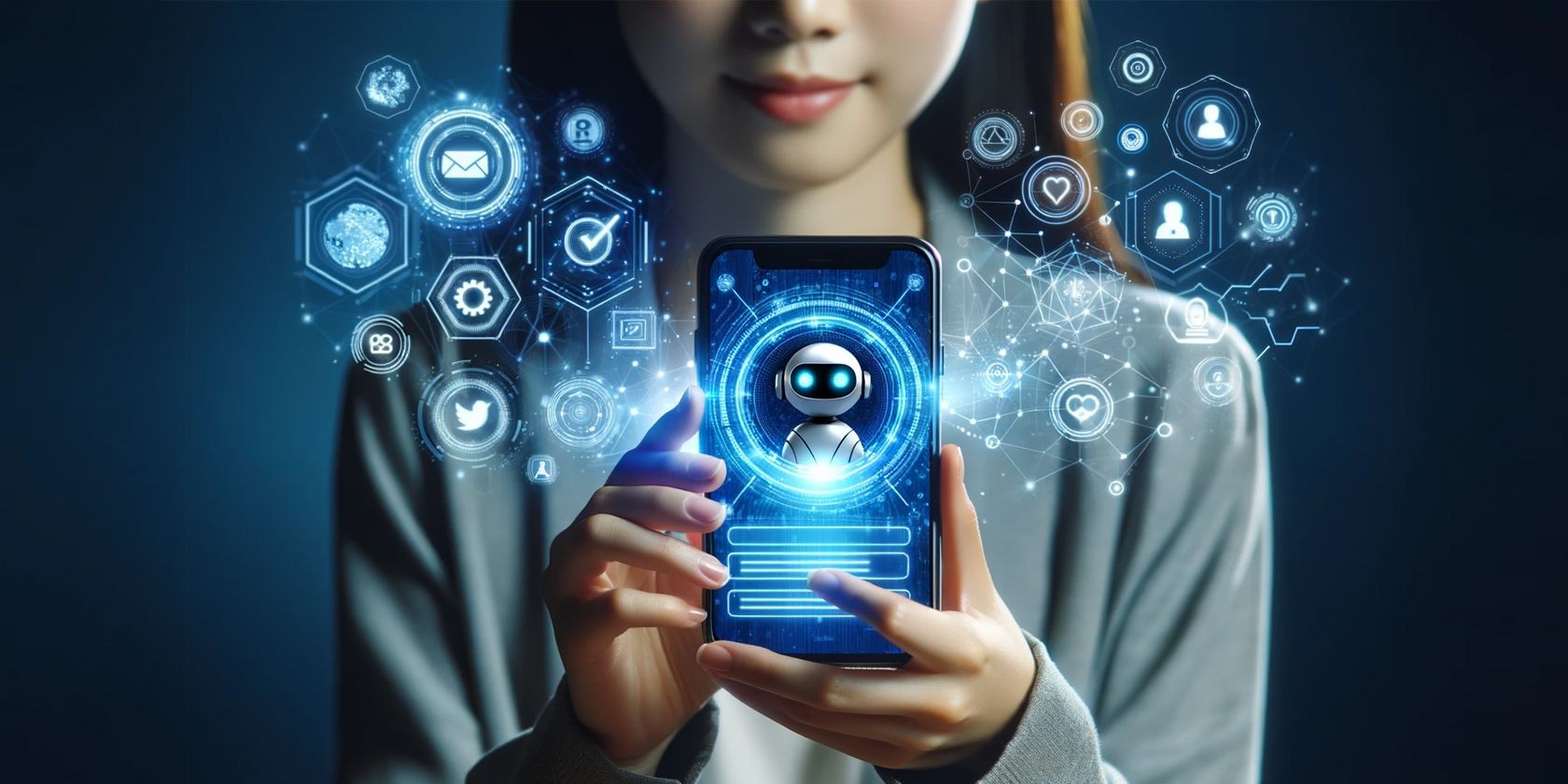 Người cầm smartphone với ứng dụng chatbot hướng về người xem, xung quanh là các biểu tượng