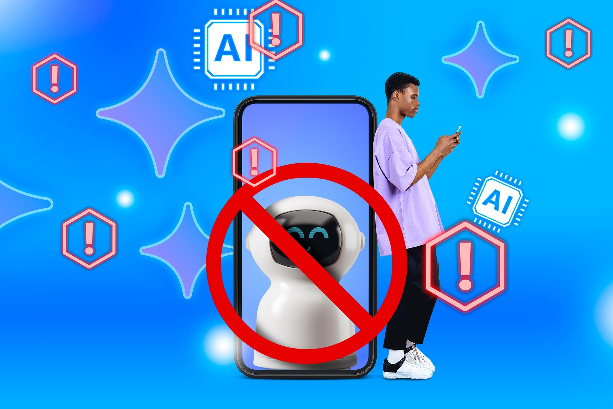 Người đàn ông sử dụng điện thoại dựa vào điện thoại khổng lồ với robot trên màn hình và biển cấm trước robot