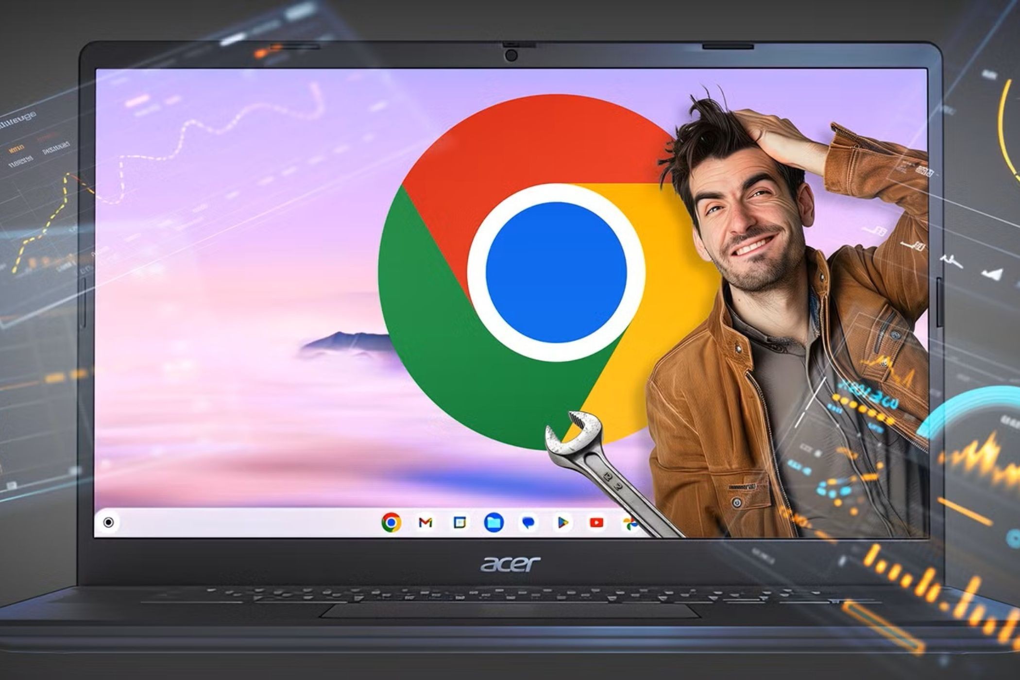 Người đàn ông xuất hiện trên màn hình laptop với logo Chrome