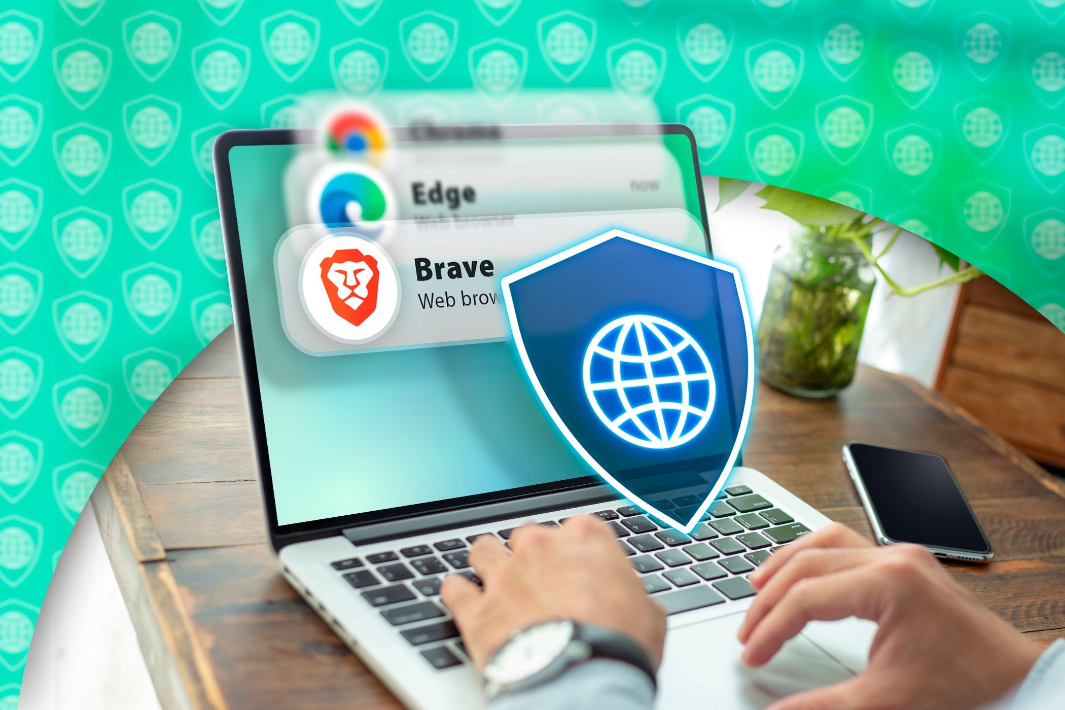 Người dùng đang sử dụng laptop với các biểu tượng trình duyệt và biểu tượng bảo mật phía trước màn hình.