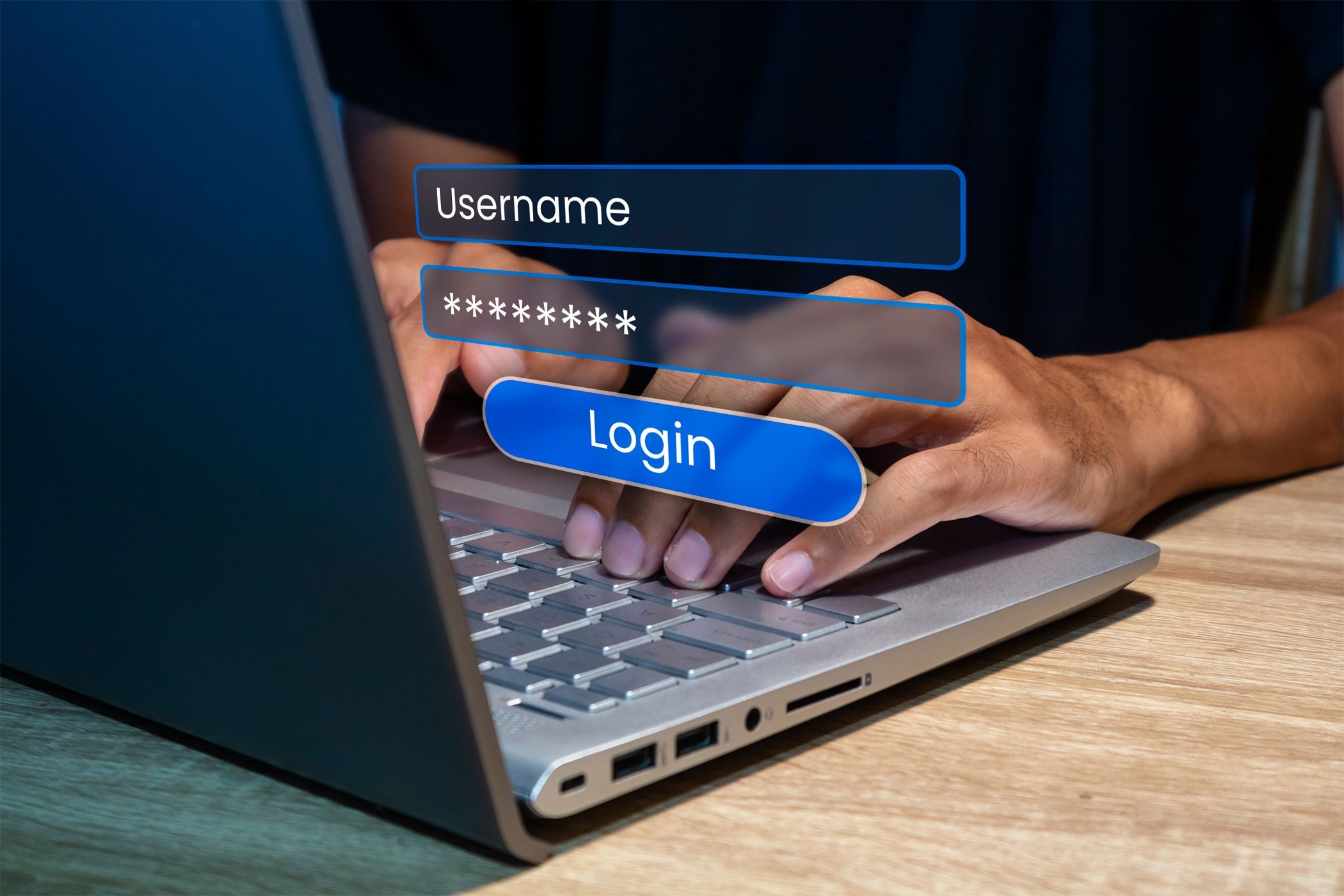 Người dùng laptop, nhập tên đăng nhập và mật khẩu